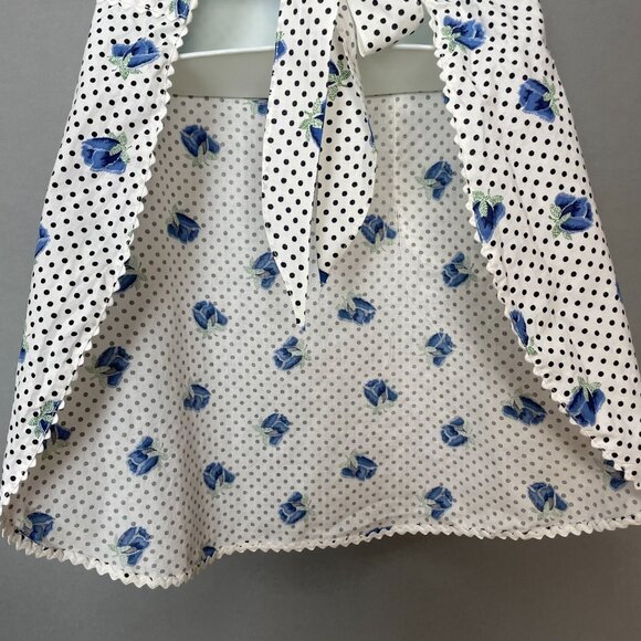 Vintage Half Apron Blue Roses Polka Dot Floral Tie Back Pocket Hostess Retro - Picture 6 of 8